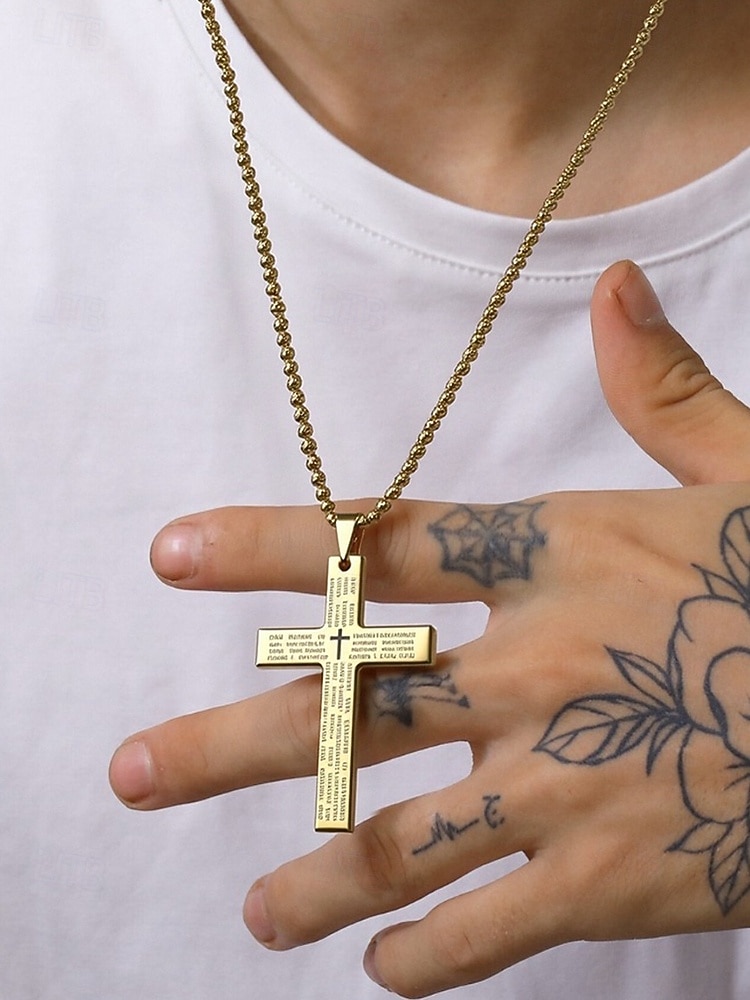 Męski naszyjnik z krzyżem ze stali tytanowej z grawerunkiem modlitwy Pańskiej, łańcuszek z biżuterią religijną dla wyznawców wiary chrześcijańskiej, do noszenia na co dzień i na prezent 2026 - $9.99 –P1