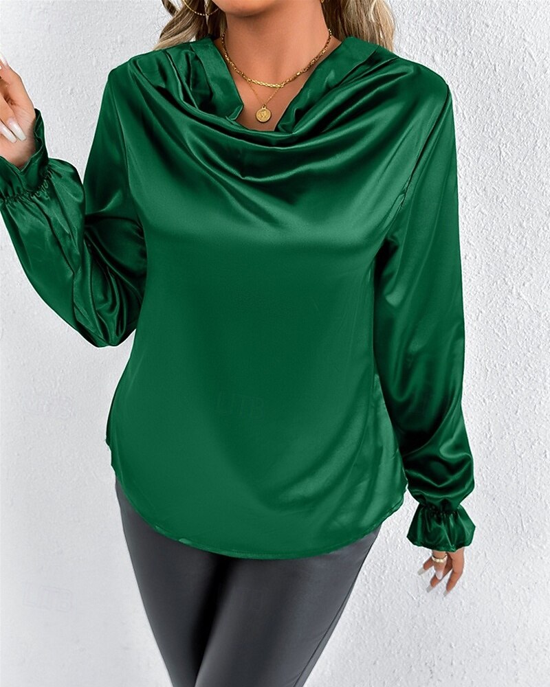 Жен. Рубашка Elegant Нарядный Атласный верх Драпировка Сплошной цвет Стиль На каждый день Длинный рукав Вырез-хомут Обычные топы Повседневные На выход Черный Розовый Зеленый Абрикосовый Весна Осень 2026 - $27.99 –P6