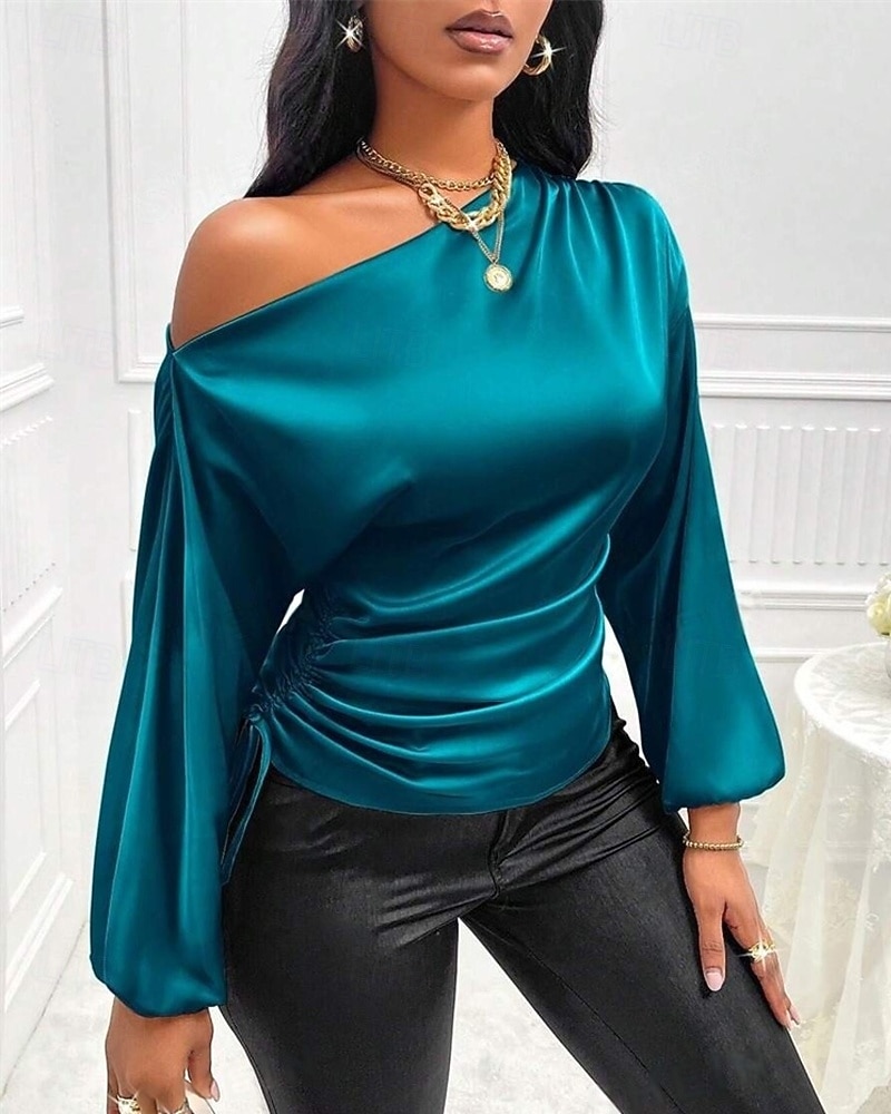 Dames Overhemd Elegant Chic Satijn Effen Elegant Stijlvol Basic Lange mouw koude schouder Normale tops Dagelijks Uitgaan Asymmetrisch Zwart blauw Bruin Groen Zomer Lente Herfst 2025 - $25.99 –P4