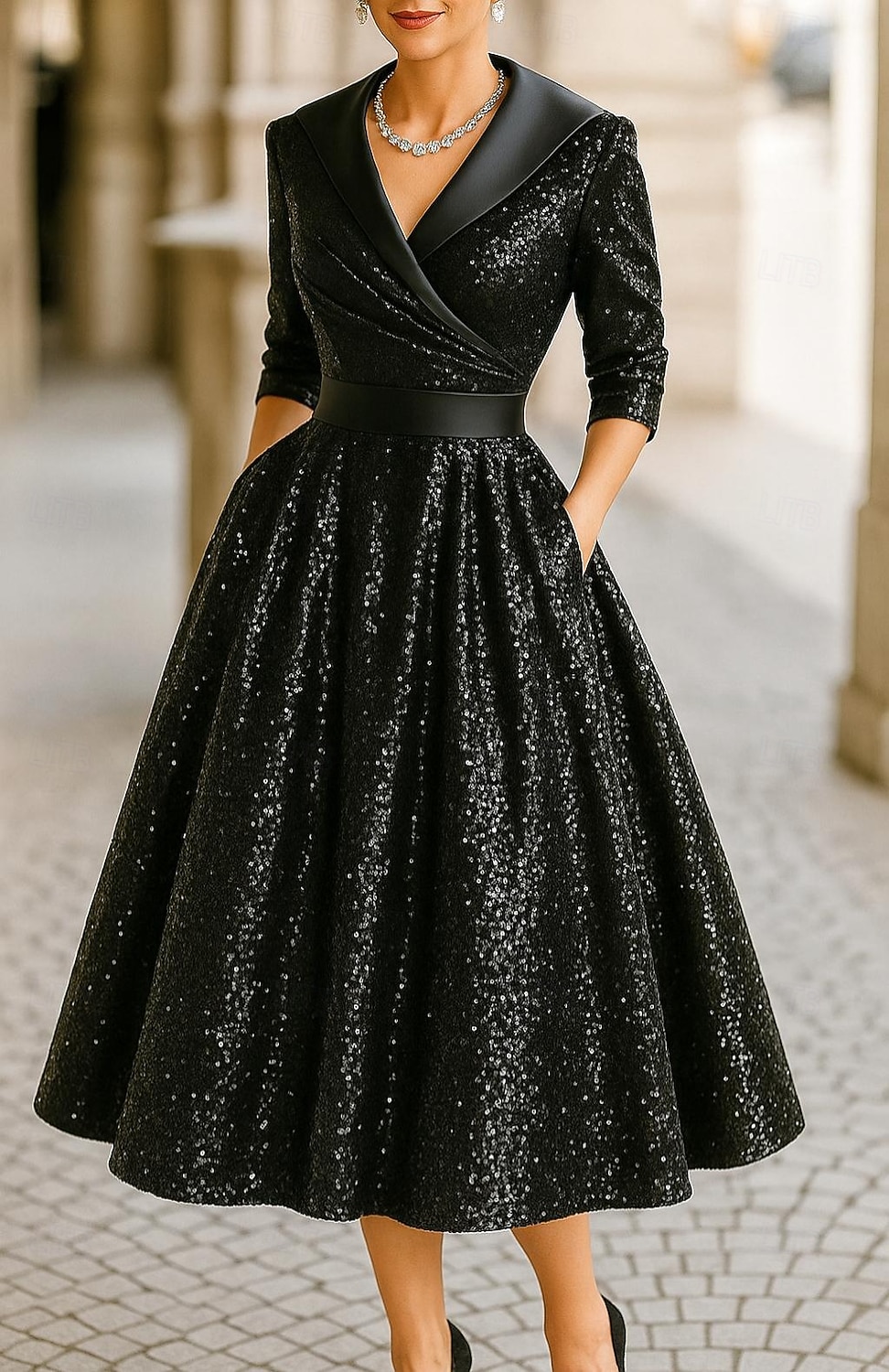 Black Sequin Tuxedo Dress A-Line High-low Dress Formal Satin Sequin Elegant Long Sleeve Tea Length Midi Length Shawl Lapel Zipper 2026 - $171.99 –P1