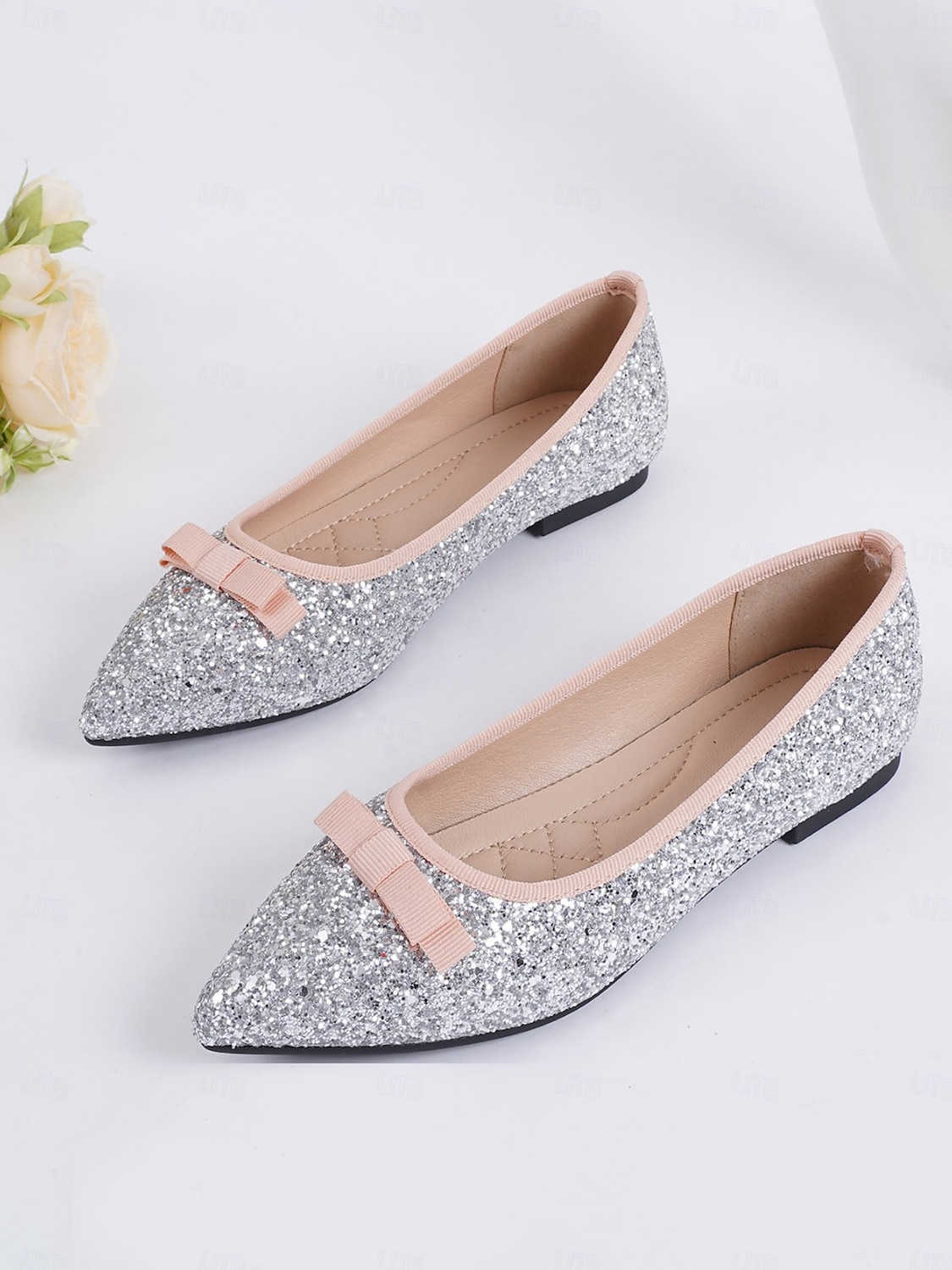 ballerine da donna con punta a punta, glitter argento e fiocco - eleganti scarpe da cocktail per feste e occasioni formali del 2025 a $34.99 –P6