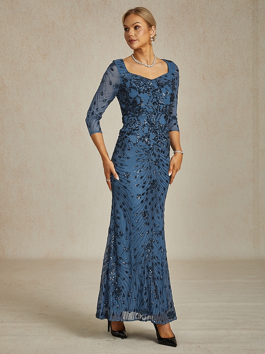 Damen Pailletten Maxikleid Etuikleid Trompete Meerjungfrau Kleid Bodycon Kleid Elegant Formal Cocktailabend Feier Floral 3/4 Länge Ärmel V-Ausschnitt Pfauenblau Frühling Herbst Winter 2025 - $199.99 –P7