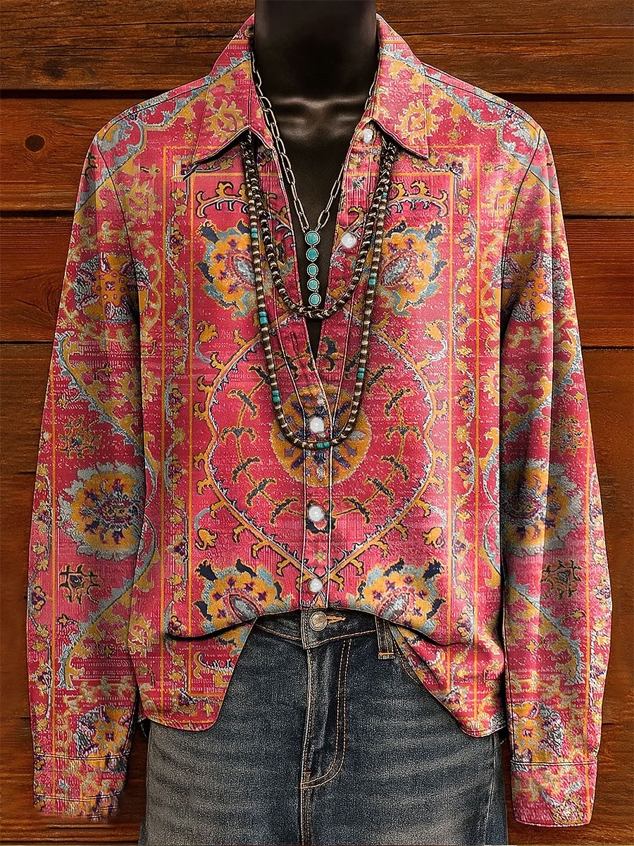 Dámská košile ze lnu jako prodyšná lehká grafická duhová elegantní Bohemia vintage dlouhý rukáv límec pravidelné topy pracovní každodenní potisk růžová purpurová oranžová jaro podzim zima 2026 - $36.99 –P2