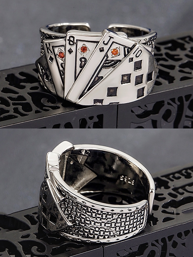 Pánský pokerový prsten z lehké slitiny – nastavitelný pásek s vintage designem hracích karet, vhodný pro gotický, punkový styl, párty a běžné nošení 2025 - $7.99 –P5