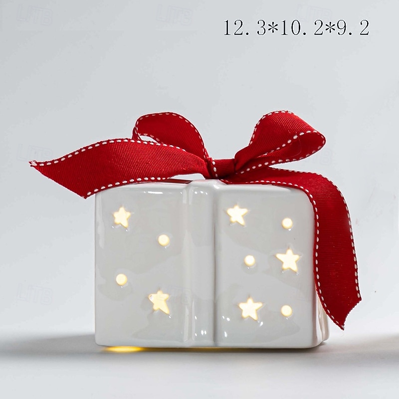 Christmas bow ribbon ceramic translucent pentagonal LED gift box decorative light indoor bedroom study dining room party desktop decoration light LR44 battery 11CM 2025 - CAD $14.99 –P4