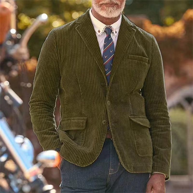 Per uomo Blazer in velluto a coste Blazer Affari Cocktail party Ricevimento di matrimonio Moda Casual Primavera Autunno Poliestere Semplice Tasca Bottoni Confortevole Monopetto Giacca Nero Kaki Verde del 2025 a $39.99 –P5