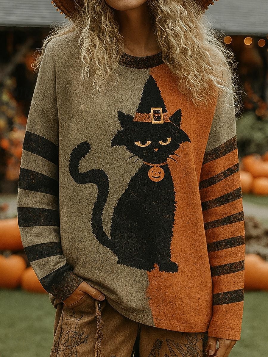 Dame Pullover Grafisk Katt Gresskar Årgang Mote Klassisk Langermet Crew-hals Vanlige topper Avslappet Trykt mønster Oransje Høst Vinter 2025 - $10.99 –P1