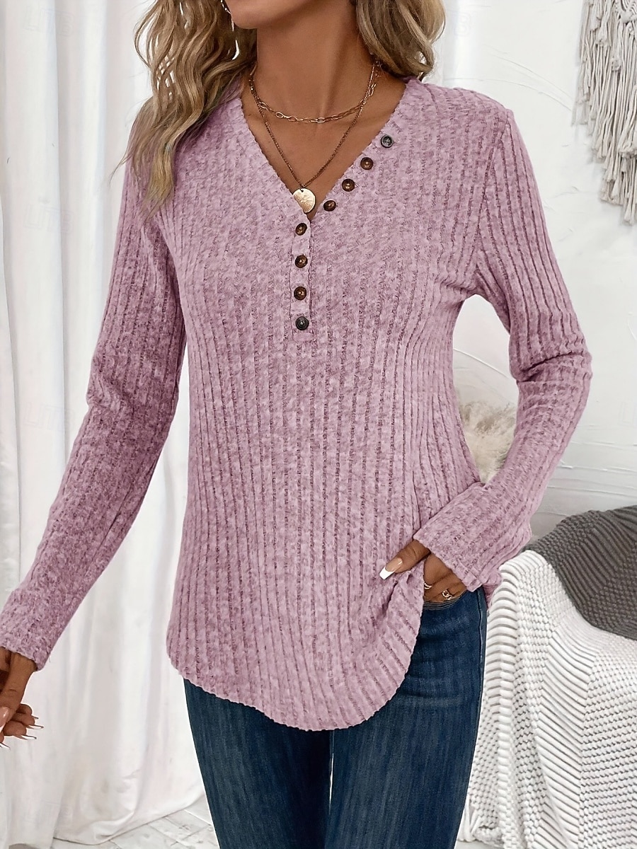 2026年 女性用 ブラウス ボタン 純色 スタイリッシュ カジュアル 長袖 Ｖネック レギュラートップス 日常 ブルー ピンク ルビーレッド グリーン ダックグレー 春 秋 冬  コレクション – $21.99 –P4