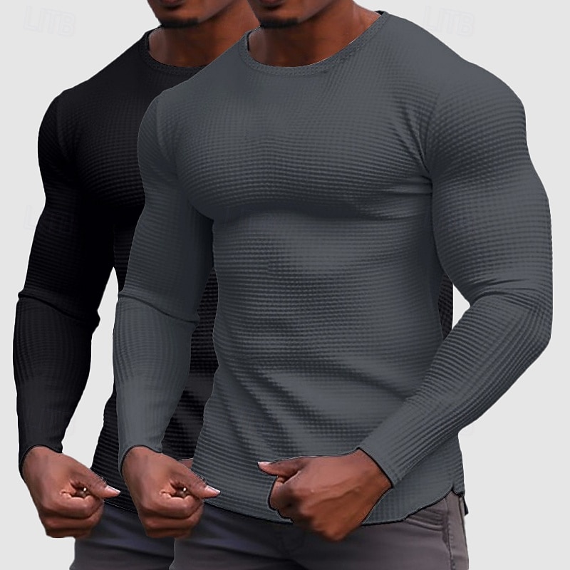 Men's Waffle Shirt T Shirt Tee Top Long Sleeve Shirt Long Sleeve Crew Neck Spring &  Fall All Seasons Plain Fashion Designer Basic 2 Piece Knitted Multi-pack Casual Vacation Street White+Black Top 2026 - $39.99 –P8