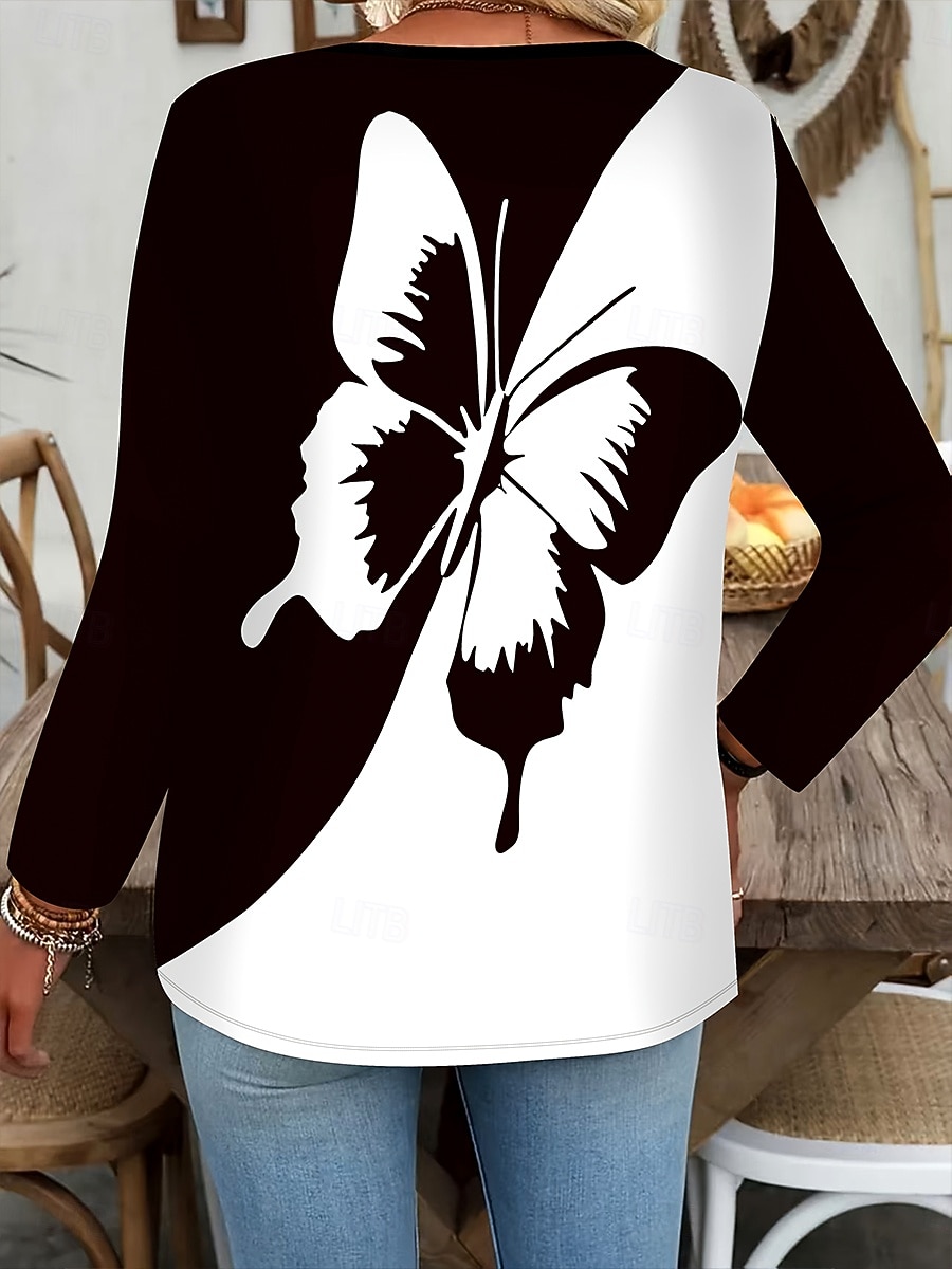 Per donna Maglietta Cerniera Stampato Grafico Blocco di colori Farfalla Vintage Elegante Classico Manica Lunga Scollo a V Top Regolari Quotidiano Weekend Bianco e nero Autunno Inverno del 2026 a $25.99 –P2