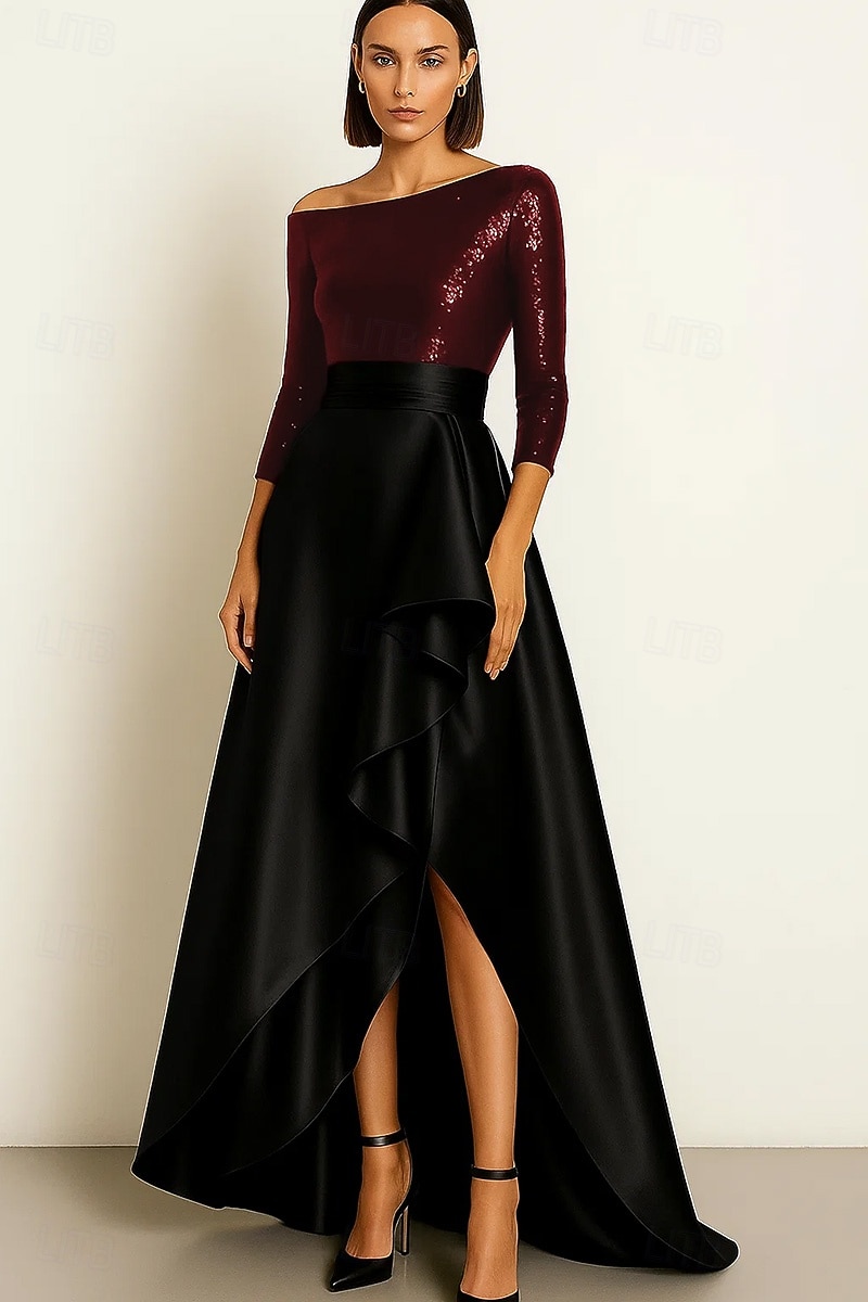 schwarz-goldenes A-Linien-Abendkleid, elegantes Abendkleid, formelle Hochzeit, asymmetrisch, 3/4-Ärmel, ein Schulterstück, Stretch-Pailletten-Satin mit Rüschen, Schlitz 2025 2025 - $159.99 –P3