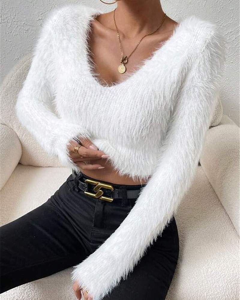 Femmes Pull Mode Occasionnel Couleur Unie Côtelé Col en V Tricoté manche longue Hauts Réguliers Tricoter Extérieur Quotidien Week-end Noir Blanche Automne Hiver de 2025 ? $27.99 –P19