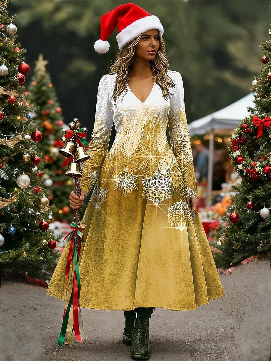 Noël Femmes Robe Midi Robe trapèze Vacances Occasionnel Quotidien Coupe régulière Fleuri Graphique manche longue Col en V Jaune Rouge Bleu Vert Printemps Automne Hiver de 2025 ? $42.99 –P4