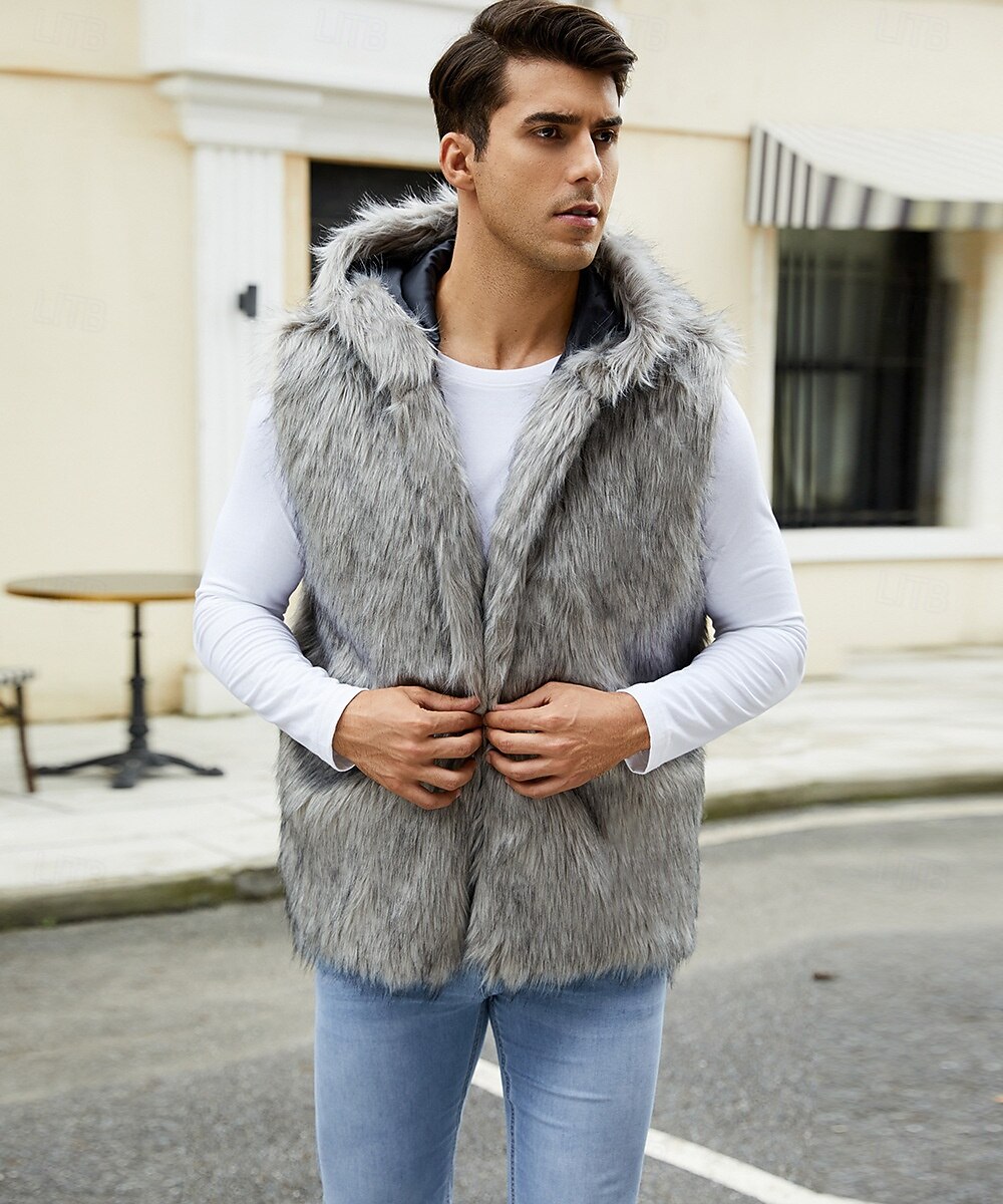 Herren Fleeceweste Kapuzenweste Kunstpelz-Mantel Urlaub Lässig Alltagskleidung Ausgehen Mode Basic Herbst Frühling & Herbst Mit Kapuze Acryl Kunstpelz Bequem Einfach Reisverschluss V Ausschnitt 2026 - $51.99 –P7