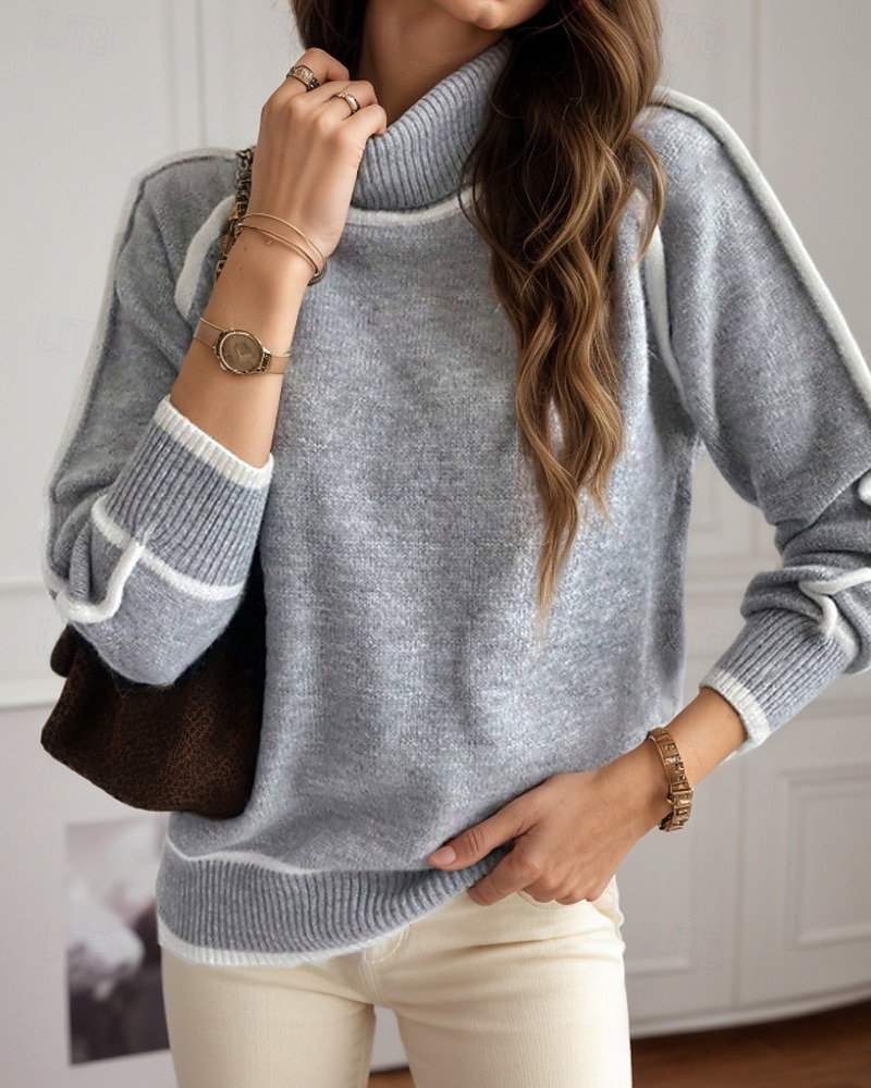 Dame Genser Gatemote Fritid Fargeblokk Rullekrage Lapper Strikket Langermet Vanlige topper Strikke utendørs Daglig Ut på byen Svart Gul Høst Vinter 2025 - $38.99 –P3