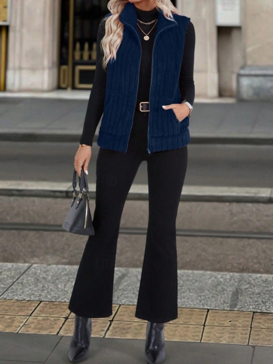 2025年 女性用 フリースベスト 快適 高通気性 ジッパー カジュアル 平織り バケーション ストリート カジュアル デイリーウェア ジッパ－ ショート 折襟 レギュラー ノースリーブ アウターウェア ブラック ルビーレッド ブルー 春 秋  コレクション – $25.99 –P12