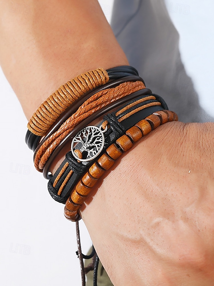 flerlags armbåndsett i ekte skinn for menn – bohemsk perlebesatt livets tre-armbånd for uformelt bruk, fest og reiser 2026 - $9.99 –P3