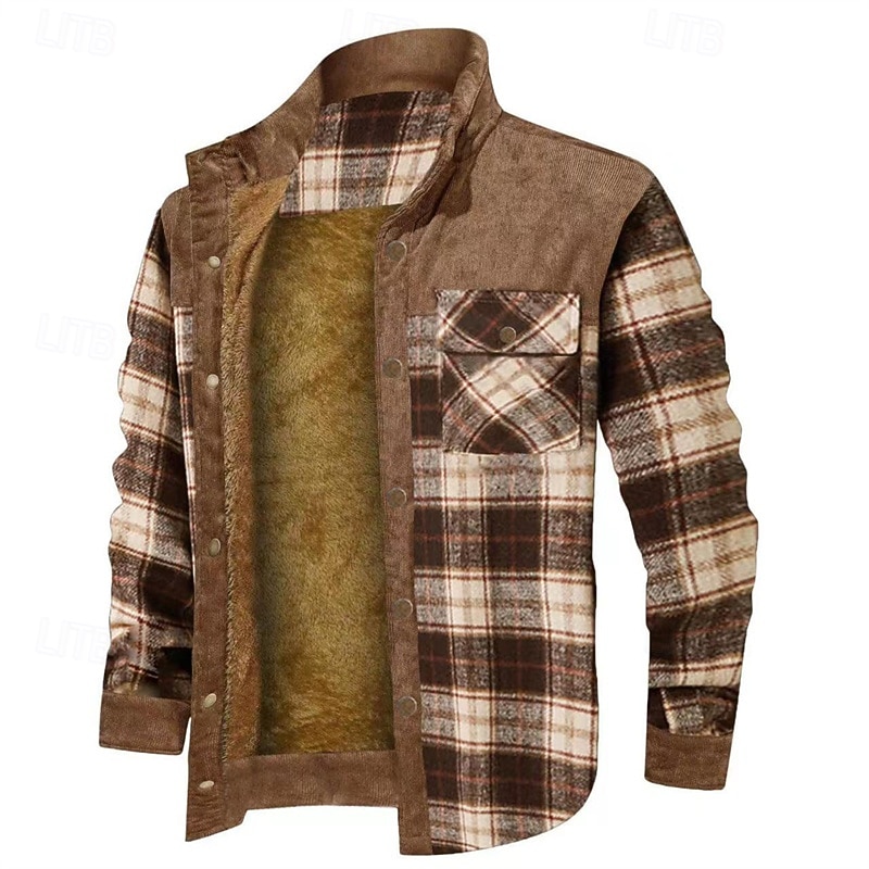 Homens Casaco puffer Jaqueta de Camisa Casaco de lã Jaqueta casual Férias Diário Térmico / Quente Bolsos Tosão Outono Inverno Xadrez Moda Roupa de rua Colarinho Chinês Padrão Preto Vermelho Verde de 2025 por $62.99 –P1