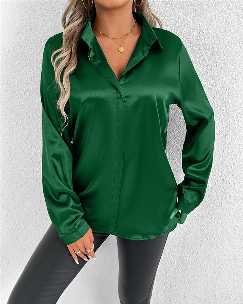 Per donna Camicia Camicia in raso Tinta unica Elegante Casual Manica Lunga Colletto a Camicia Top Regolari Quotidiano Uscire Bottoni Rosa Viola Verde Primavera Autunno del 2025 a $16.99 –P9