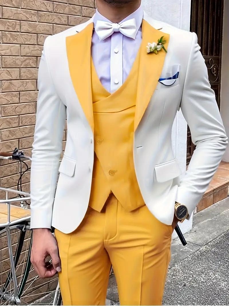2026年 男性用 パーティースーツ 結婚式 舞台 イエロー ルビーレッド 春、夏、秋、冬 スーツ ノッチドラペル ファッション パッチワーク スリムフィット 3点セット シングルブレスト 一つボタン  コレクション – $120.99 –P3