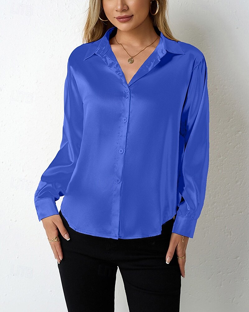 Damskie Koszula Elegancki Szykowny Top satynowy Guziki Równina Elegancki Codzienny Długi rękaw Kołnierzyk koszuli Zwykłe topy Codzienny Wyjściowe Czarny Czerwony Granatowy Królewski błękit Beżowy 2026 - $27.99 –P10