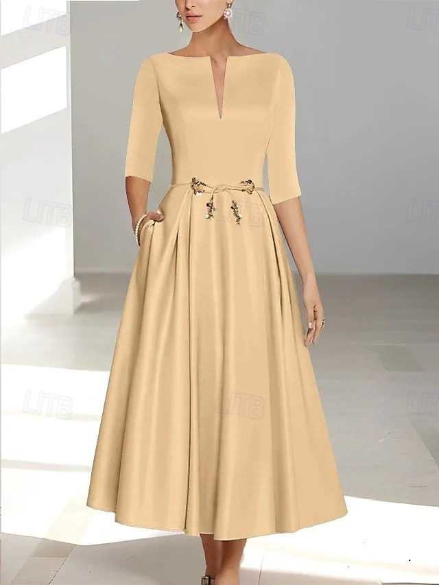 Ligne A Longueur cheville Robes de Cocktail Robes de soirée Élégant Soyeux Manche Courte Col Illusion Mariage Formel Poche Satin avec Noeud(s) de 2026 ? $131.99 –P3