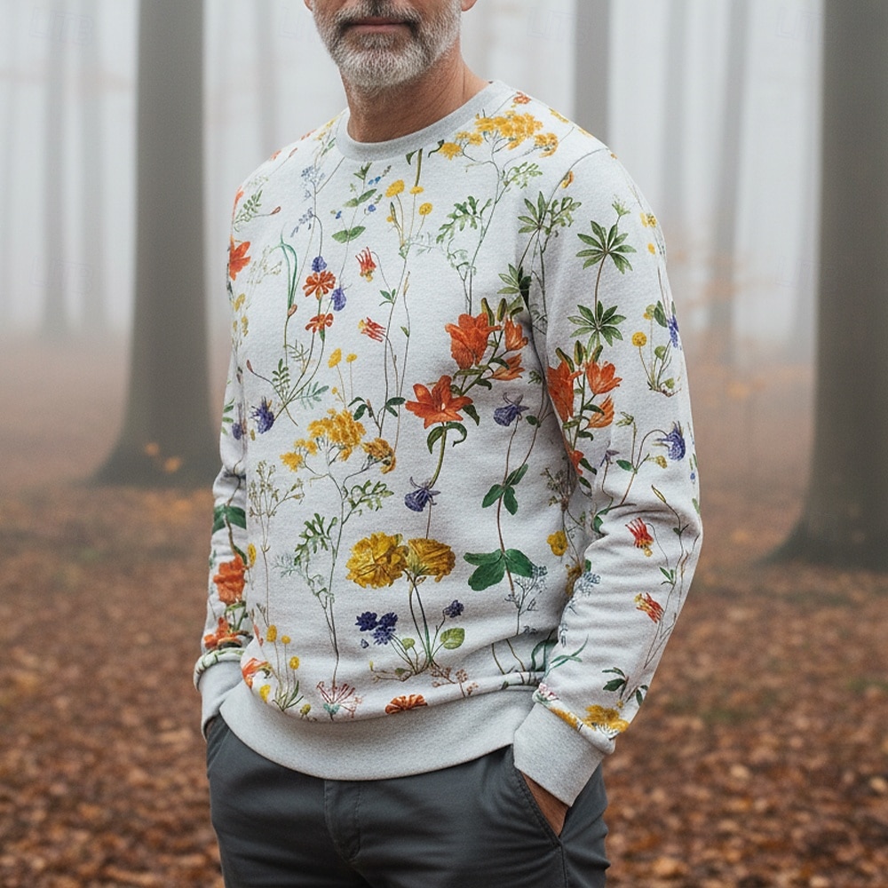 Hombre floral ditsy Flor / Plantas Sudadera Sudaderas Manga Larga Camisa de entrenamiento Cuello redondo retro de la vendimia Print Festivos Noche Festival Estampado Otoño Invierno 2026 - $29.99 –P1