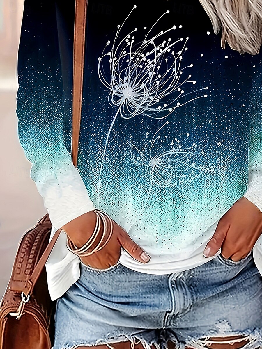 Femmes T-shirt A Ombre Graphique Plantes ancien Élégant Classique manche longue Col ras du cou Col rond Hauts Réguliers Quotidien Imprimé Bleu Printemps Automne Hiver de 2025 ? $22.99 –P3