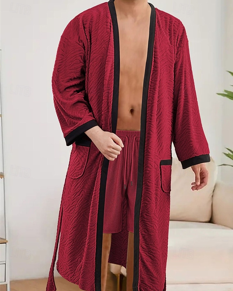 Herr Pyjamas Sovkläder Badrock Slät Mode Stylish Klassisk Hem Dagligen Säng Polyester Komfort Mjuk V-hals Långärmad Ficka Inkl. bälte Vår Höst Svart Vit 2025 - $27.99 –P17