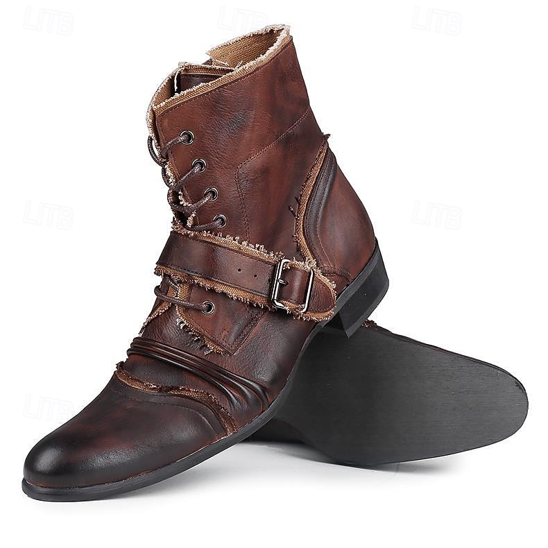 Bottes de motard rétro en cuir marron pour homme – Bottes de moto montantes faites à la main avec des accents de boucle pour le punk, le gothique et le streetwear décontracté de 2025 ? $179.99 –P7