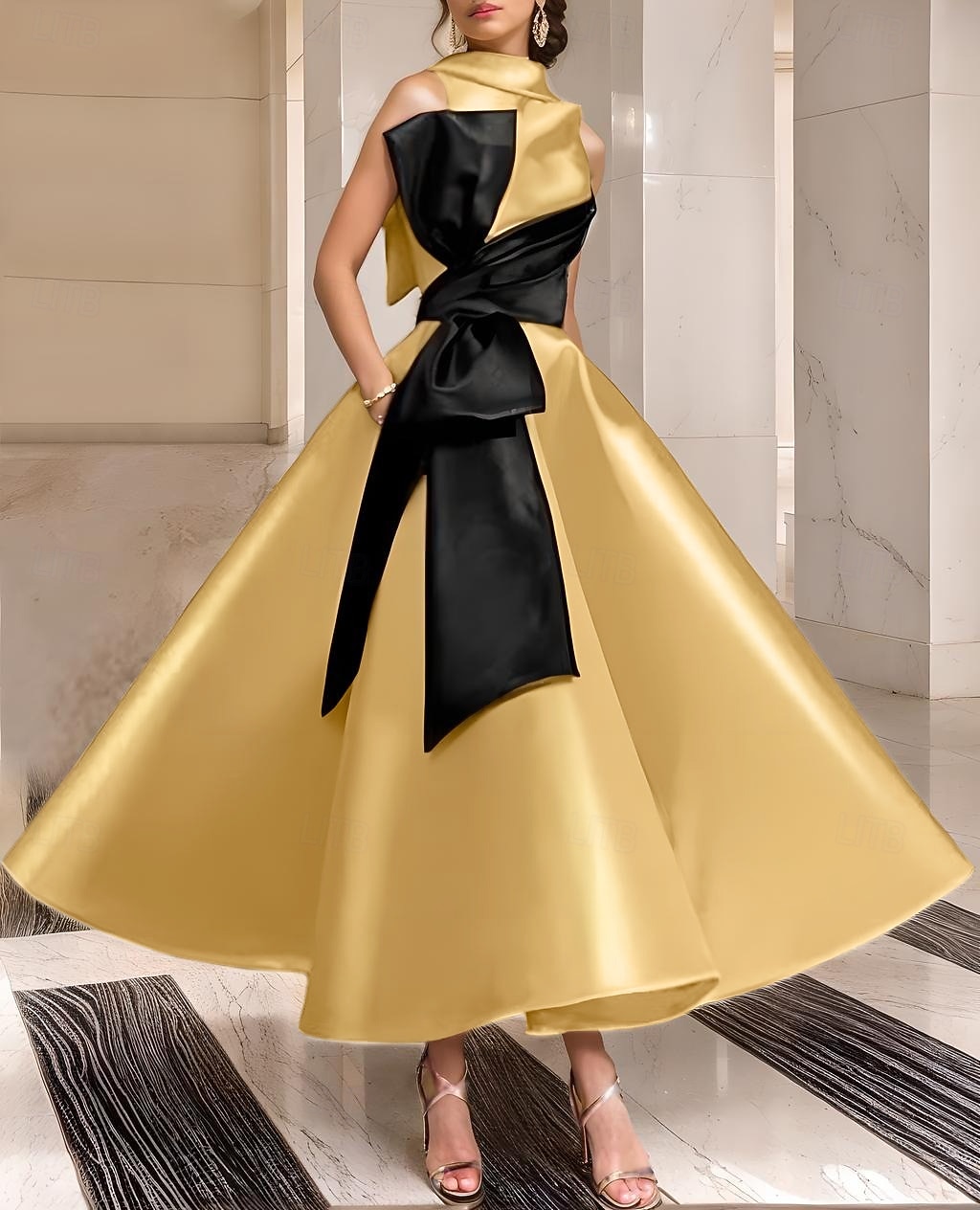 Vestidos de Coquetel A-Line Pretos e Dourados Vestido Elegante Formal Casamento Comprimento Até o Tornozelo Sem Mangas Gola Redonda Com Bolso Cetim com Laço(s) Strass de 2025 por $124.99 –P3