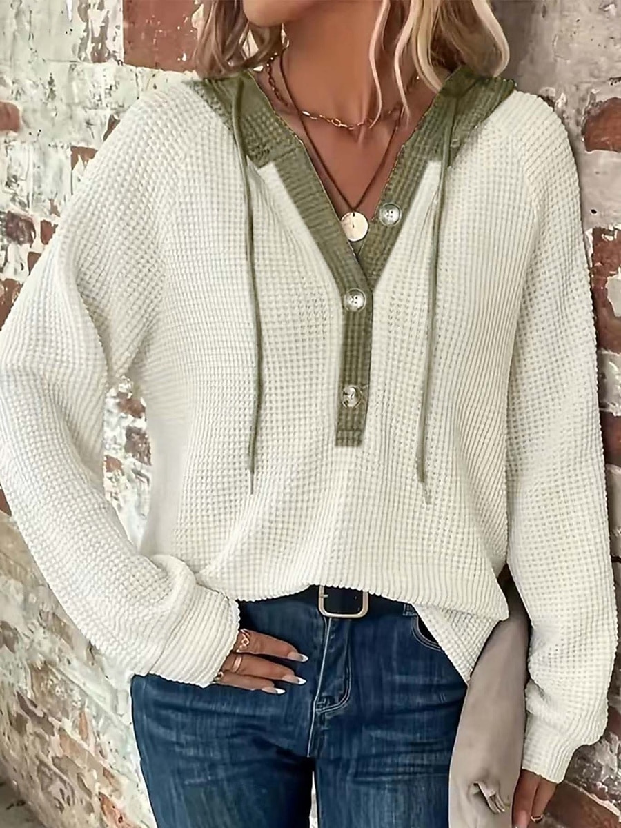 Mujer Blusa Retazos Botones Color sólido Elegante Casual Manga Larga Con Capucha Tops regulares Diario Negro Blanco Rosa Gris Primavera Otoño Invierno 2026 - $33.99 –P1