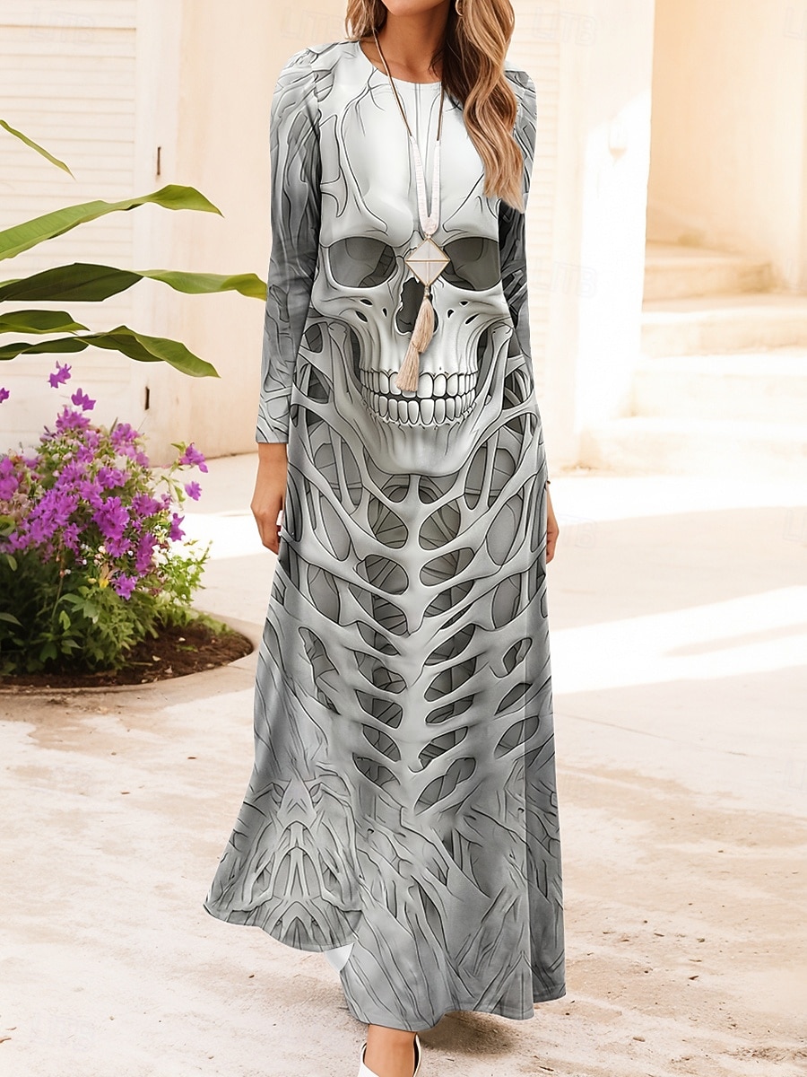 Halloween dámské šaty maxi s potiskem lebek shift šaty A-line šaty ležérní denní regular fit grafika býk dlouhý rukáv kulatý výstřih černá fialová podzim zima 2025 - $34.99 –P6