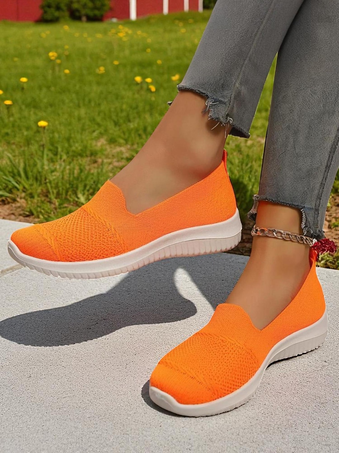 Tênis femininos Flyknit slip-on laranja brilhante – calçados leves e respiráveis para caminhada, uso casual diário e viagens de 2026 por $19.99 –P3