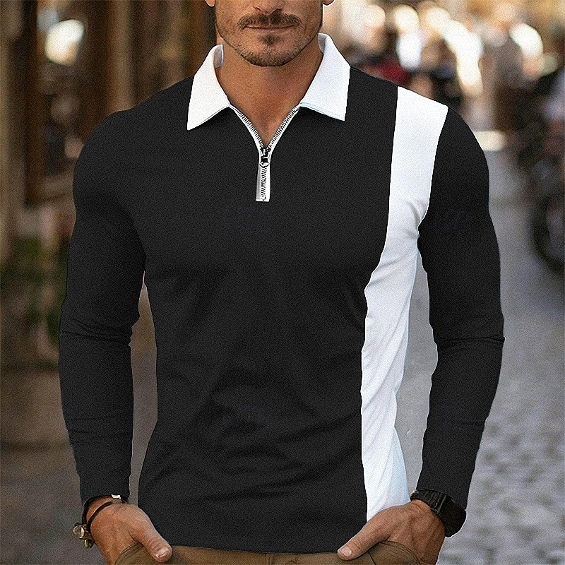 Per uomo Polo Polo con zip a un quarto Abbigliamento quotidiano Data Bavero Manica Lunga Moda Essenziale Blocco di colori Cerniera Primavera Autunno Vestibilità regolare Nero Bianco Vino Blu marino del 2026 a $18.99 –P3