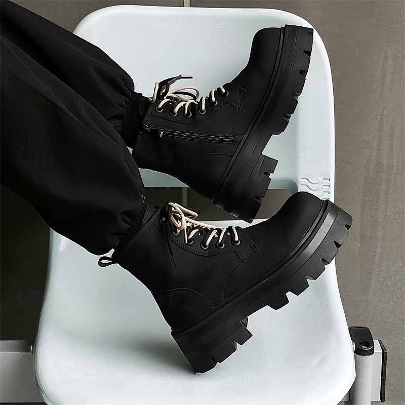 Homme Bottes Bottes de Travail Marche ancien Quotidien PU Augmentation de la hauteur Confortable Bottes Mi-Mollet À lacets Noir Automne Hiver de 2026 ? $79.99 –P7