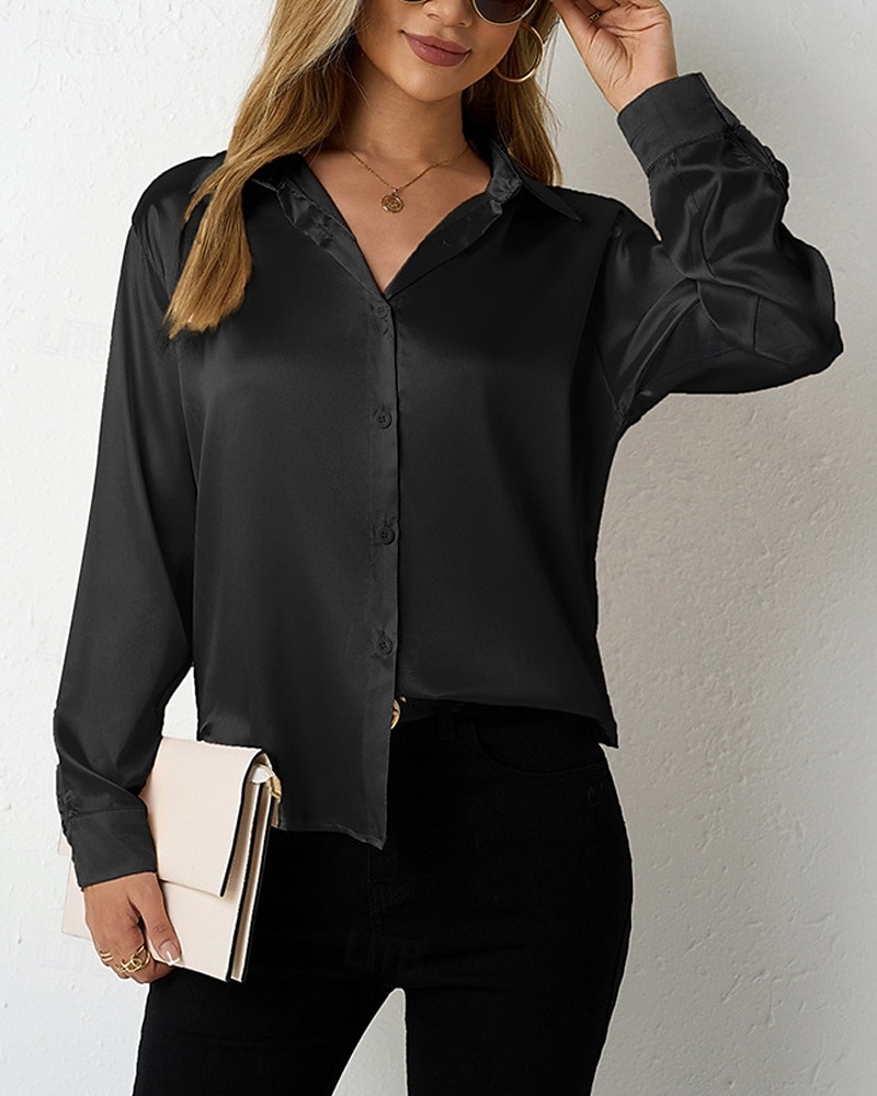 Damskie Koszula Elegancki Szykowny Top satynowy Guziki Równina Elegancki Codzienny Długi rękaw Kołnierzyk koszuli Zwykłe topy Codzienny Wyjściowe Czarny Czerwony Granatowy Królewski błękit Beżowy 2026 - $27.99 –P6