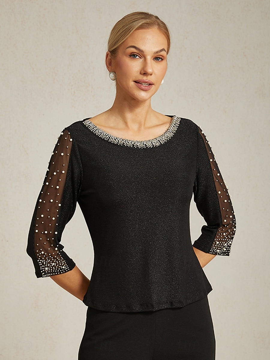 Per donna Top Eleganti Con perline Metallico Guanto Elegante Quotidiano Signore Manica 3/4 Girocollo Top Regolari Ospite di nozze Abbigliamento da sera Semi-Formale Nero Primavera Autunno Inverno del 2026 a $75.99 –P1