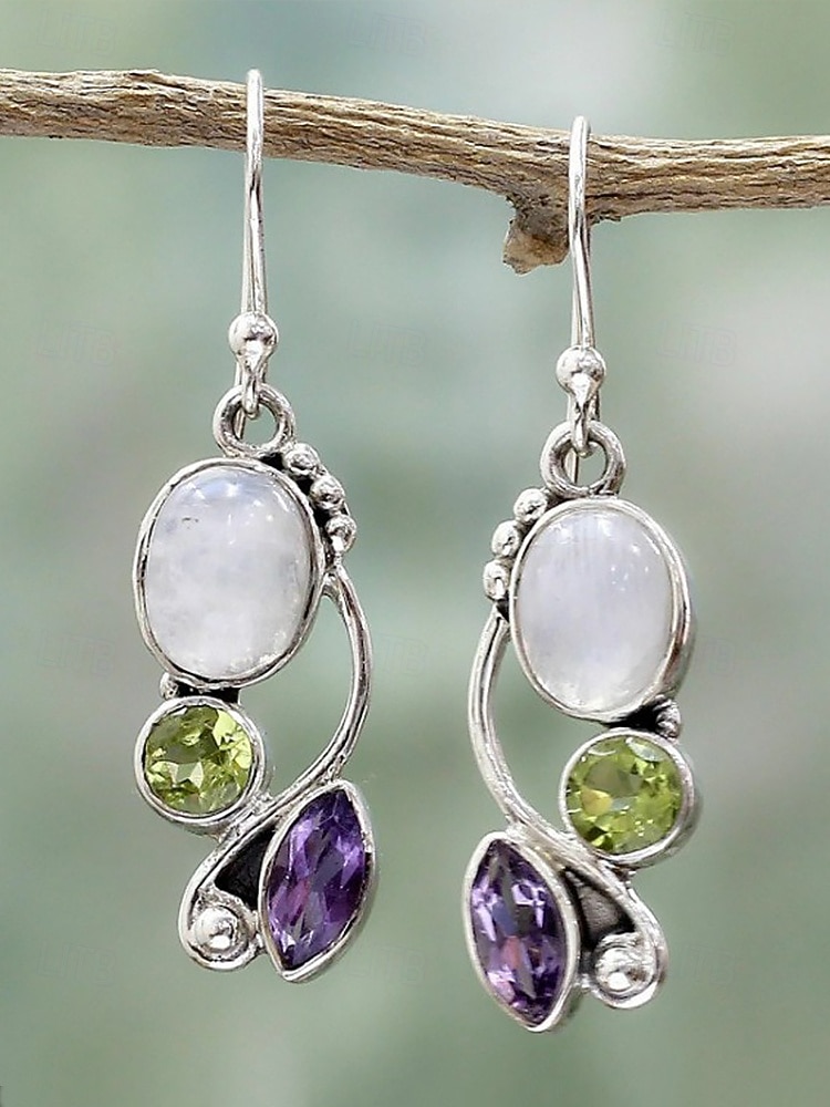 Женские серьги-подвески из лунного камня с винтажным серебряным дизайном, элегантные украшения в стиле бохо для вечеринок, свадеб и повседневной носки 2026 - $5.99 –P4