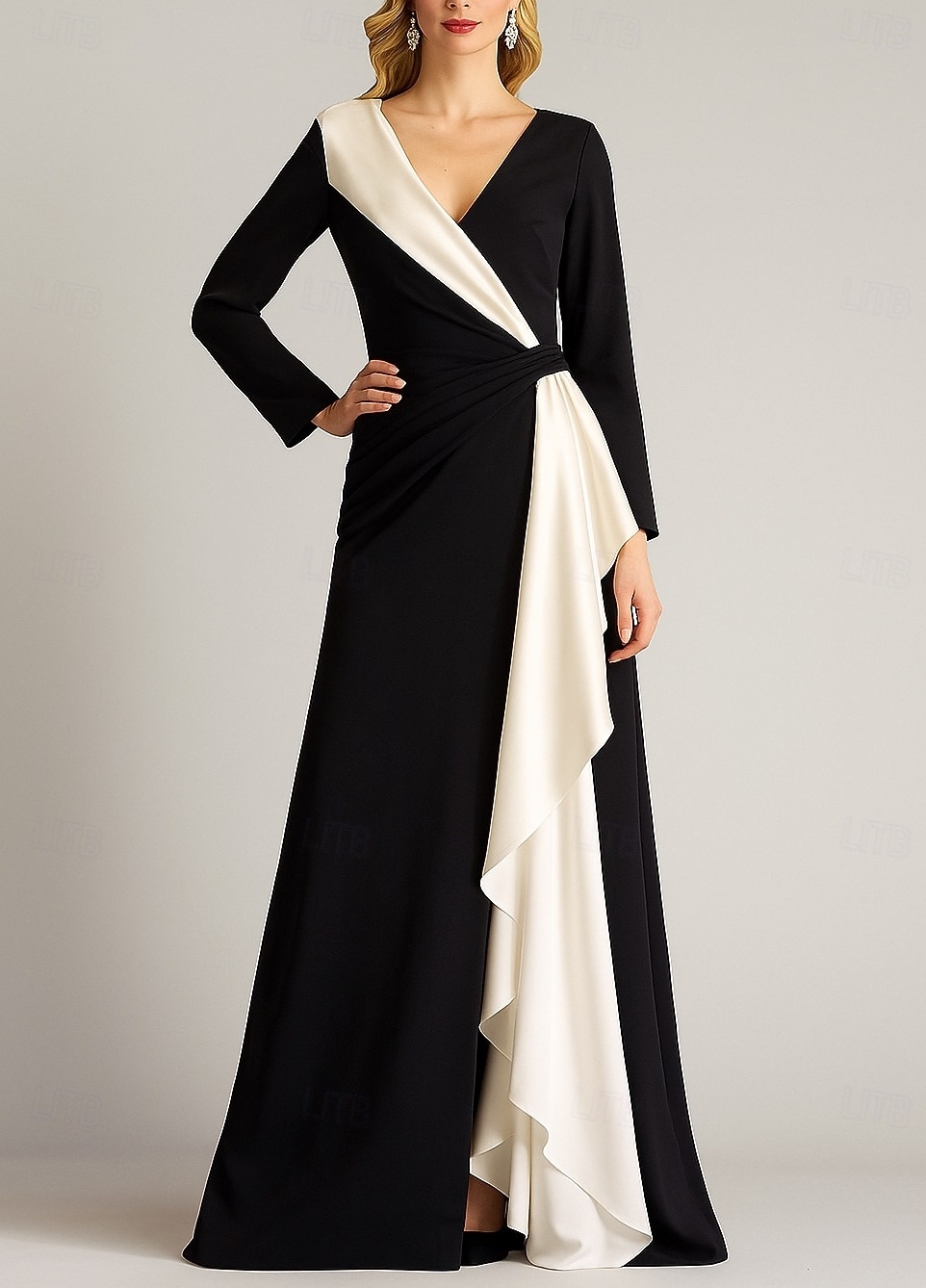 A-Linie Abendkleid Elegant Formelle Kleidung Formell Hochzeit Bodenlang Langarm V Ausschnitt Gürtel / Schärpe Stretch-Crêpe mit Falten 2025 2025 - $154.99 –P2