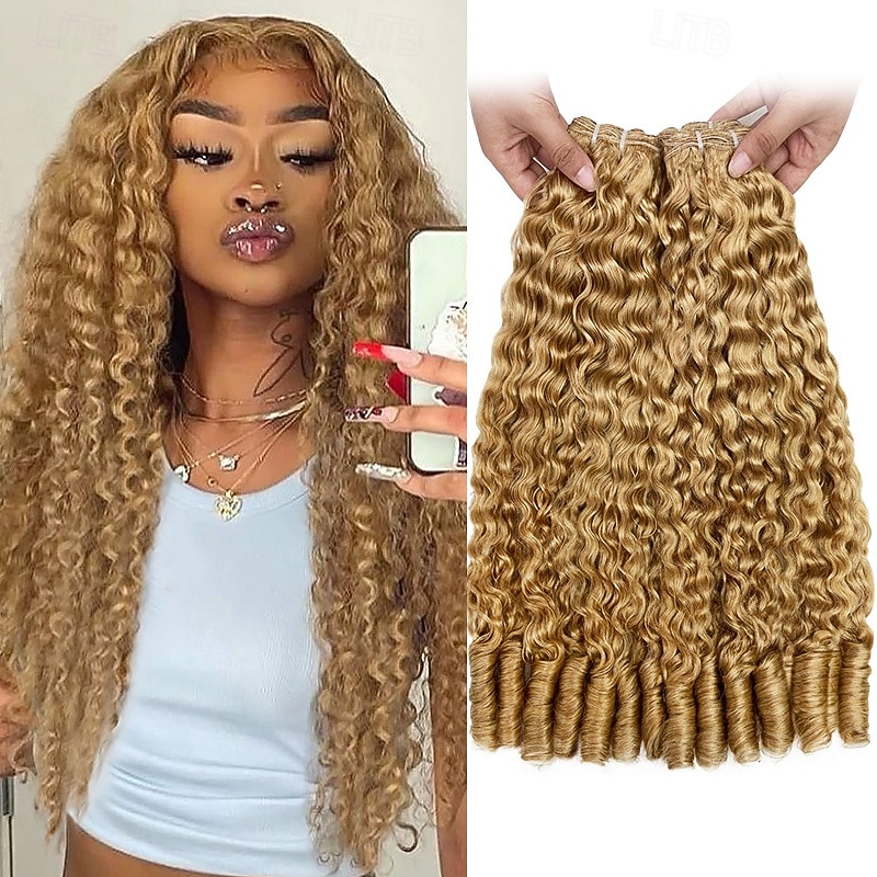 Extensiones de cabello humano rizado birmano, color marrón lino, n.° 27, de 18, 18 y 20 pulgadas, con extremos en espiral. 2025 - $289.39 –P1