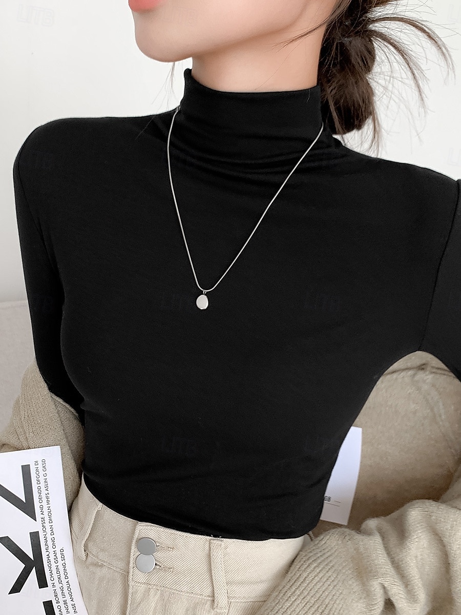 Per donna Blusa Tinta unica Elegante Essenziale Casual Manica Lunga Dolcevita Top Regolari Quotidiano Nero Bianco Rosa Marrone Beige Primavera Autunno Inverno del 2025 a $16.99 –P9