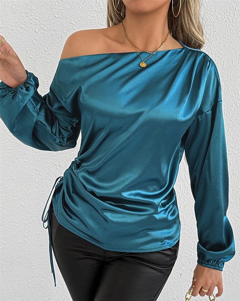 Mulheres Camisa Social Elegant Elegante Top de cetim Assimétrico Côr Sólida Elegante à moda Básico Manga Longa Ombro a Ombro ombro frio Tops regulares Diário Para Noite Azul Primavera Outono de 2026 por $28.99 –P5