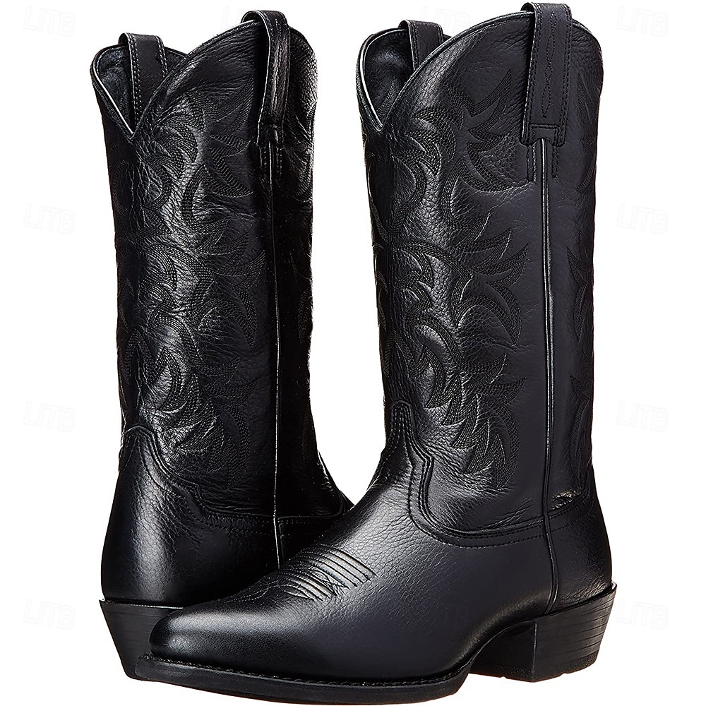 vintage cowboystövlar i brunt och svart konstläder för män med invecklade broderier - slitstarka och snygga för rodeo och vardagsbruk 2026 - $59.99 –P1