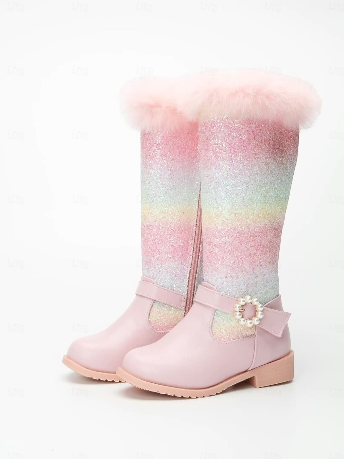 Dívčí duhové třpytivé kozačky pod kolena s lemem z umělé kožešiny a perleťovou sponou - třpytivé zimní boty pro děti na párty a svátky. 2026 - $54.99 –P4