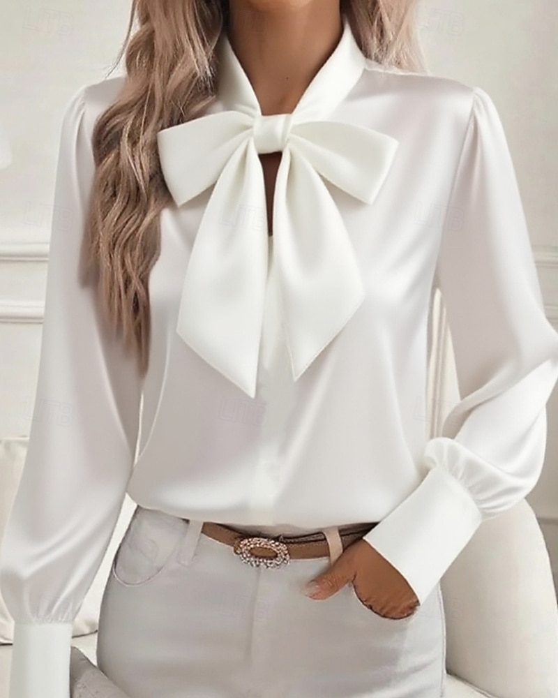 Per donna Camicia Elegant Elegante Top in raso Fiocco Semplice Elegante Manica Lunga Scollo a V Top Regolari Lavoro Ferie Uscire Nero Bianco Rosa Cachi Primavera Autunno del 2026 a $32.99 –P4