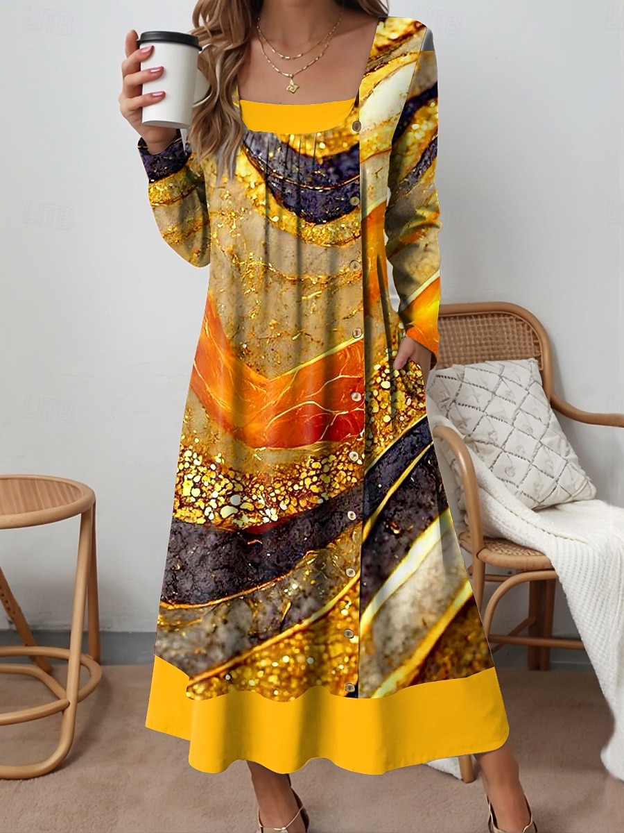 Femmes Robe Midi Robe fourreau Occasionnel Quotidien Coupe régulière Graphique Abstrait manche longue Col carré Jaune Bleu Violet Vert Automne Hiver de 2025 ? $36.99 –P1