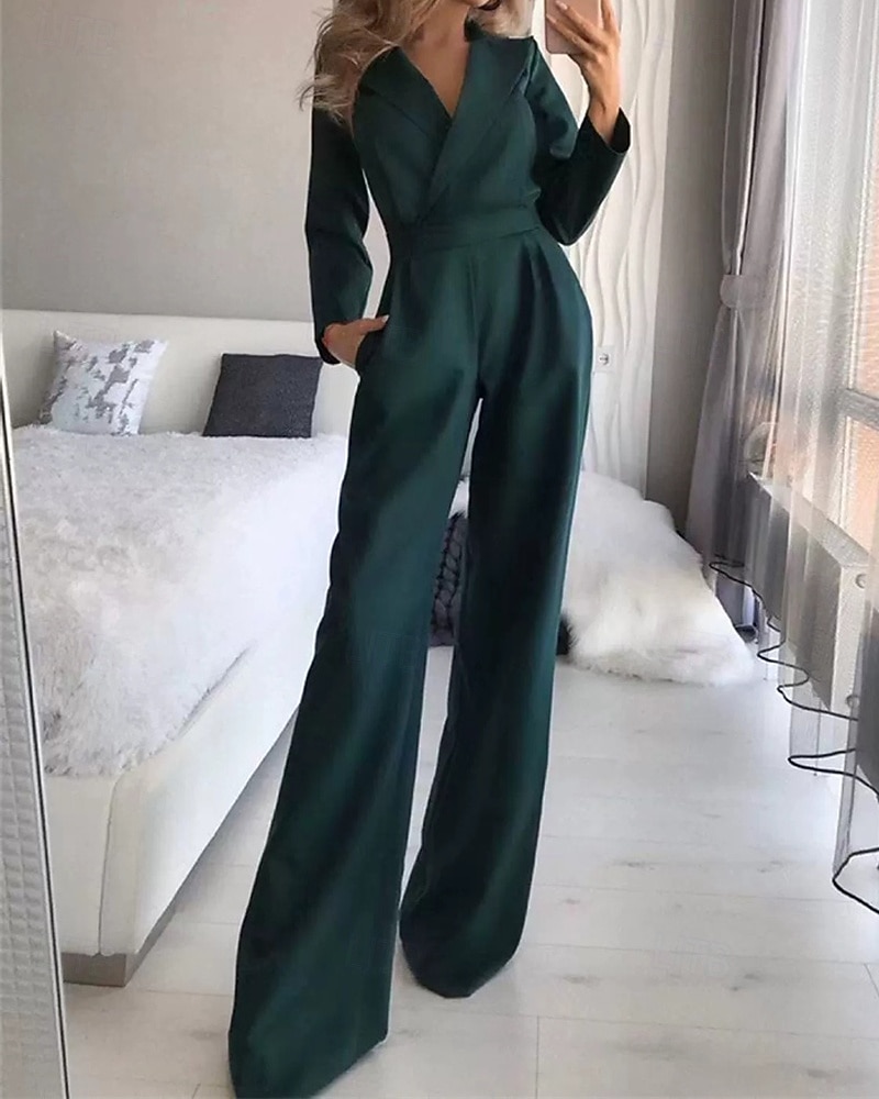 Női Szabályos Jumpsuitek Utcai sikk Tömör szín Hosszú ujj V-alakú Zseb Utca Napi Normál Fekete Fehér Bor Nyár 2025 - $31.99 –P2