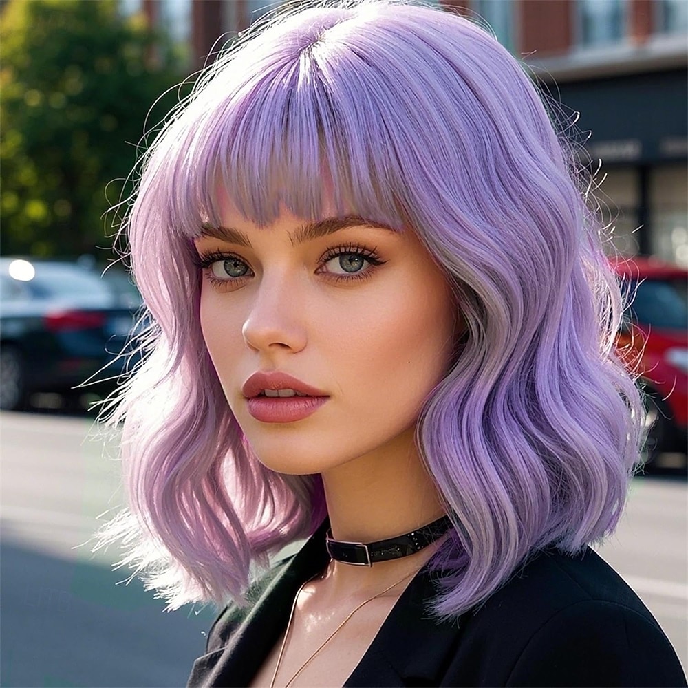 Purple Wig with Bangs Soft Short Bob Wavy Wigs for Women Synthetic Shoulder Length Women's Curly Wigs for Halloween Costumes Cosplay Daily 2026 - $21.99 –P1