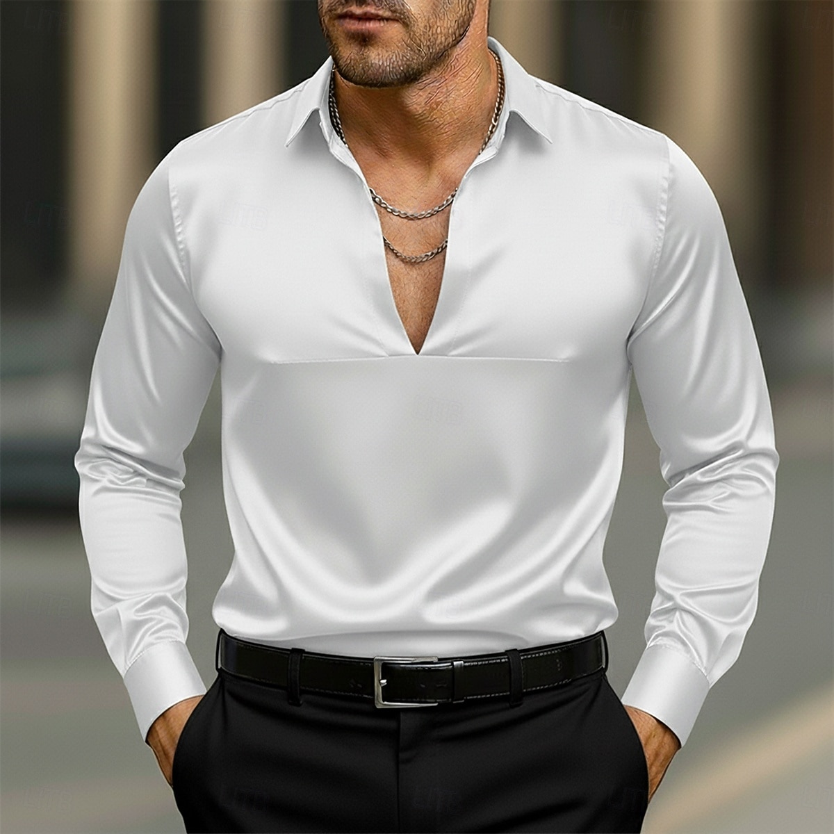 Per uomo Camicia Camicia in raso Camicia elegante Camicia casual Camicia con Bottoni Camicia da Ballo Semplice Formale Matrimonio Blu chiaro Nero Bianco Blu marino Manica Lunga Scollo a V Tutte le del 2025 a $23.99 –P7